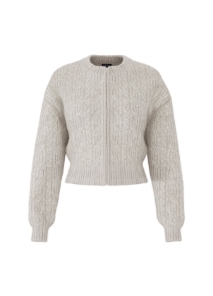 Brown cable knit cardigan.