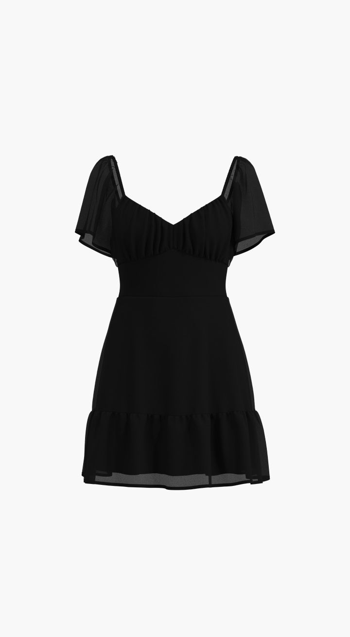 A short sleeve black mini flare dress.