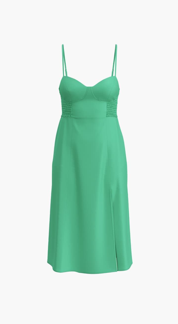A green sleeveless midi dress.
