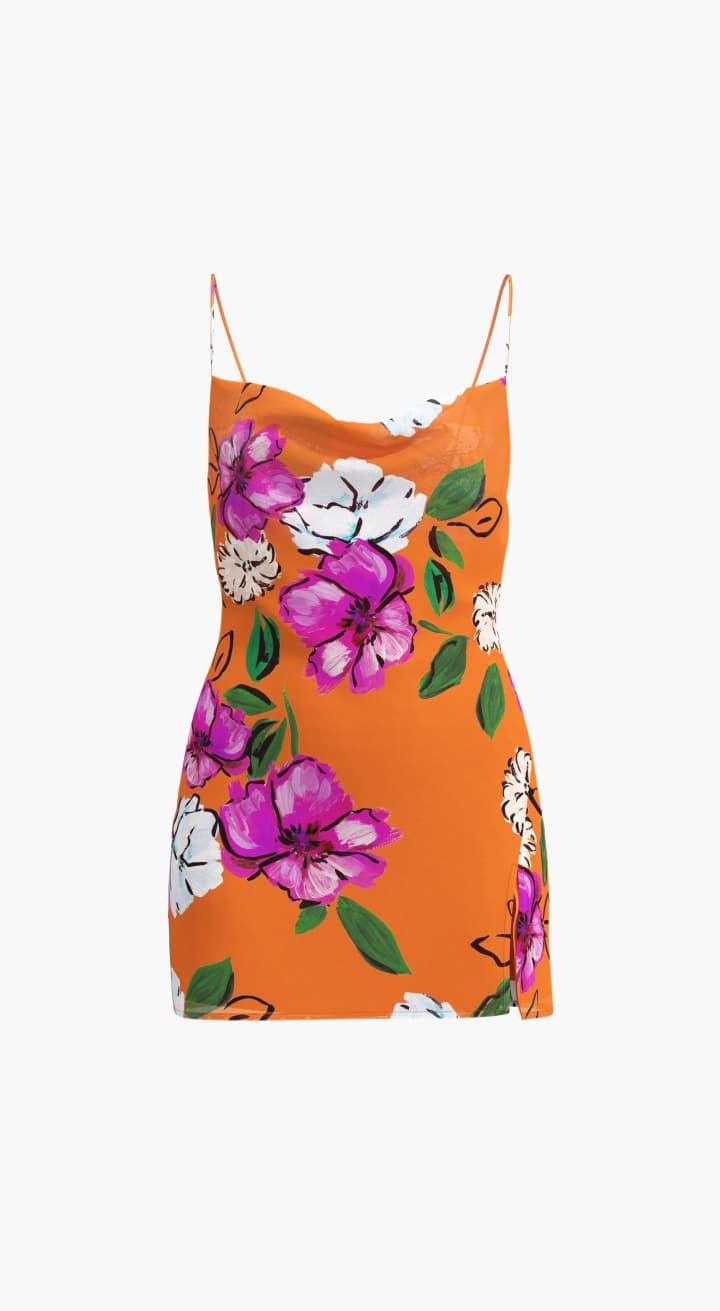 An orange floral printed mini sleeveless slip dress.