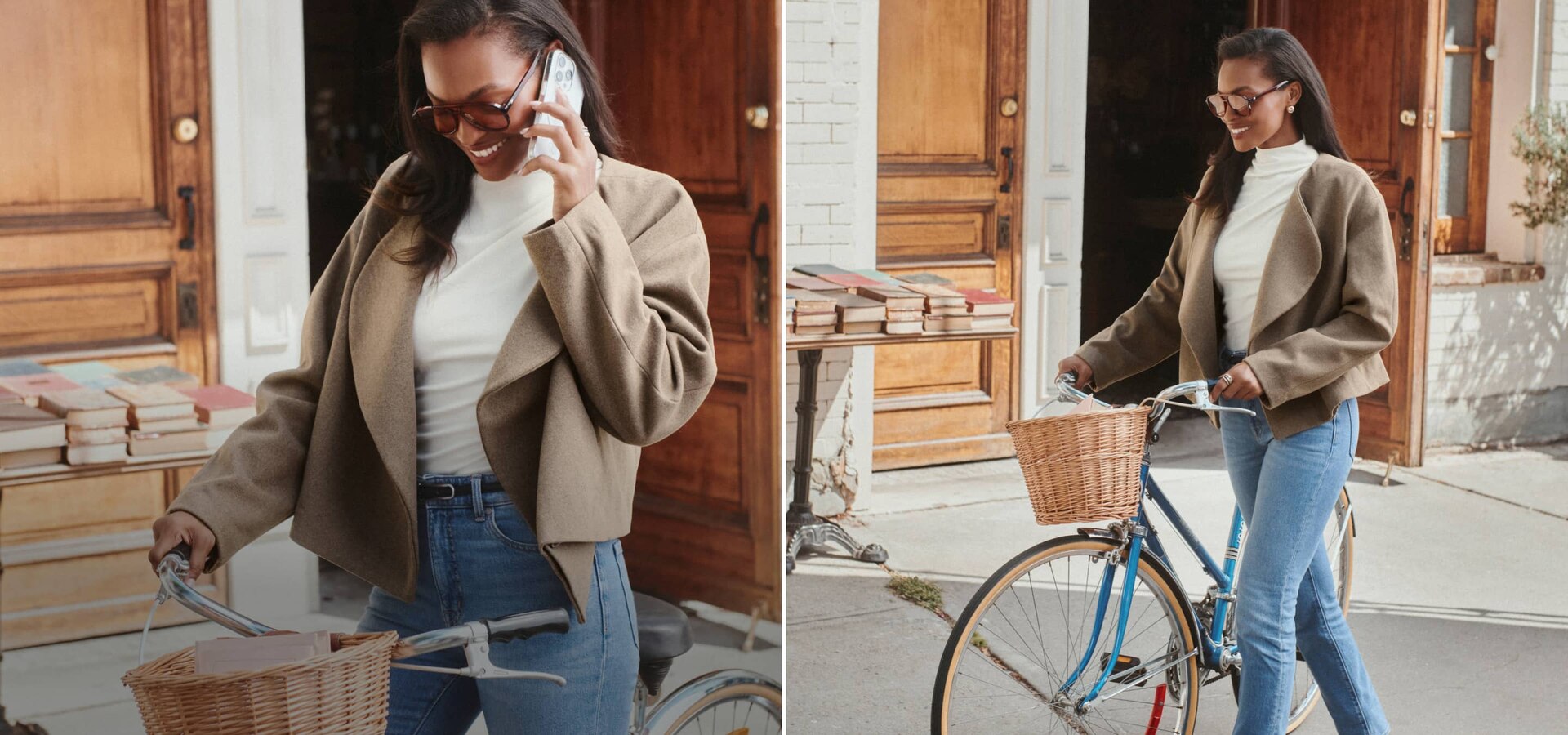 Model is wearing a brown jacket over a white tank top and blue jeans.