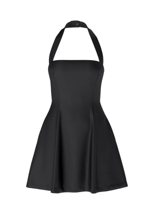 Black satin mini dress.