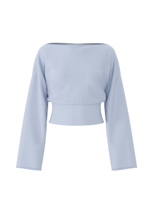 Blue boat neck sweater.