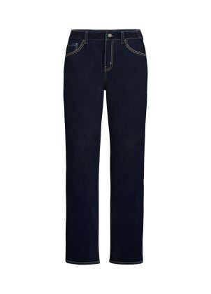 Dark blue straight leg jeans.