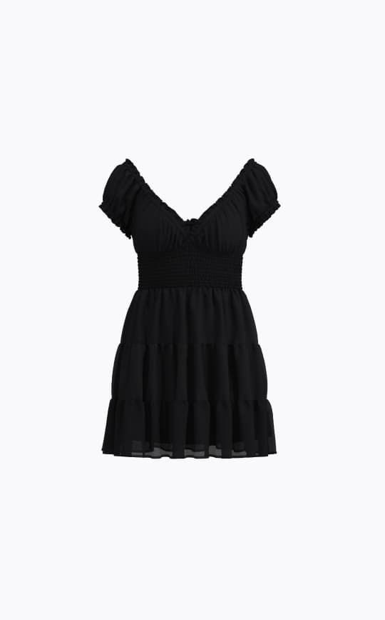 Black smocked V-neck mini dress.