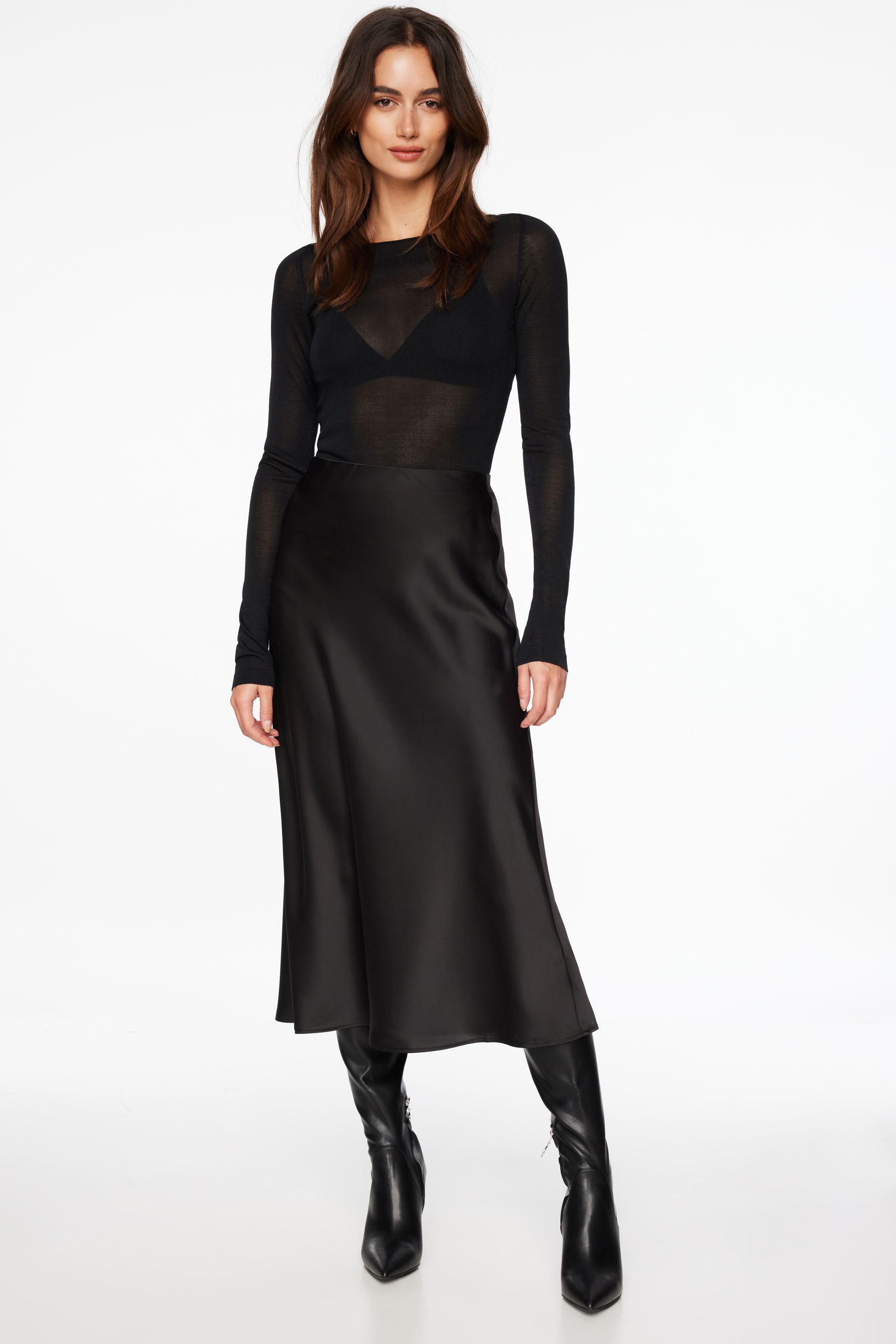 Melody Satin Slip Midi Skirt Black | Dynamite