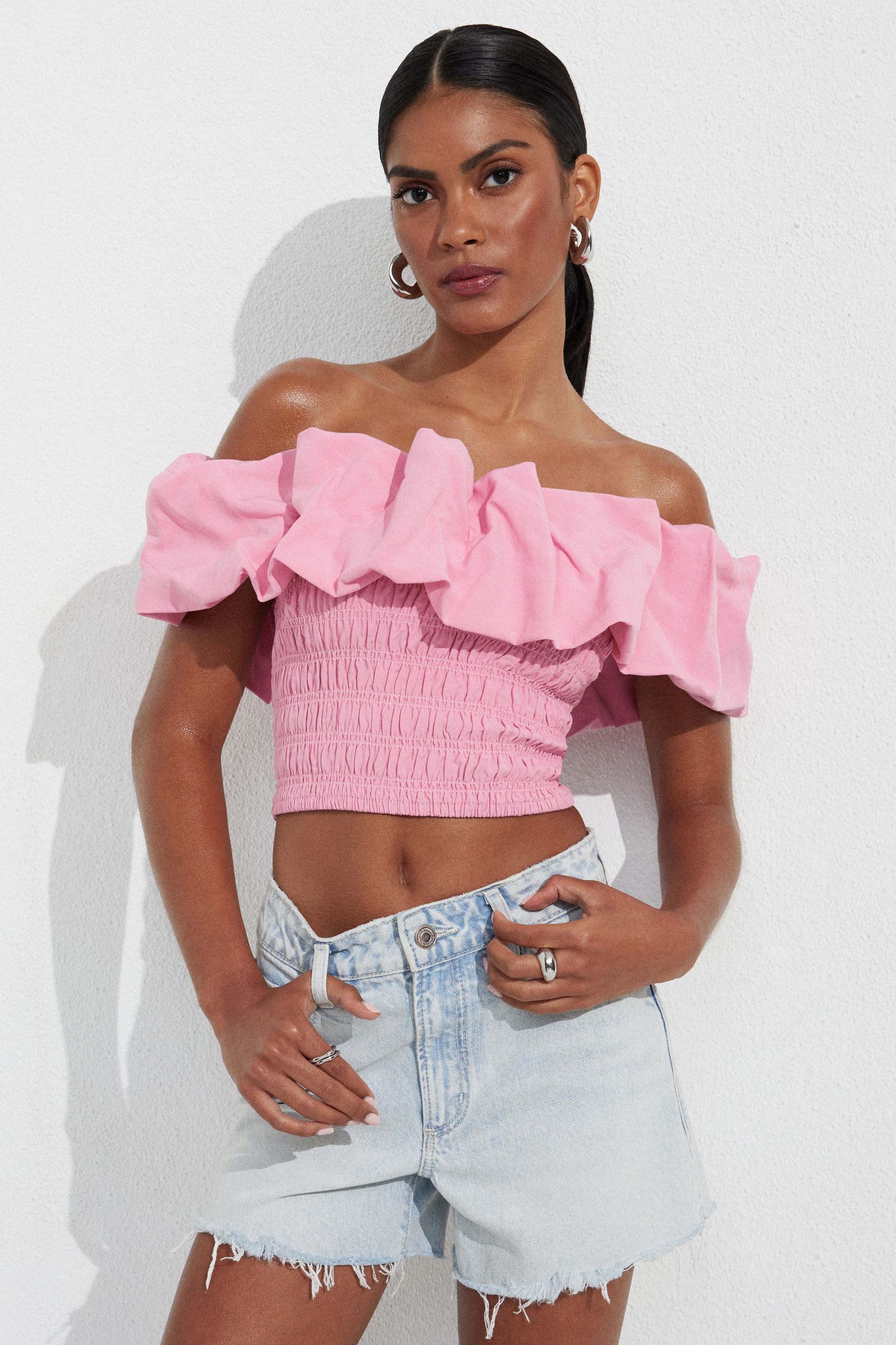 andequal volume off shoulder blouse ピンク volume off shoulder