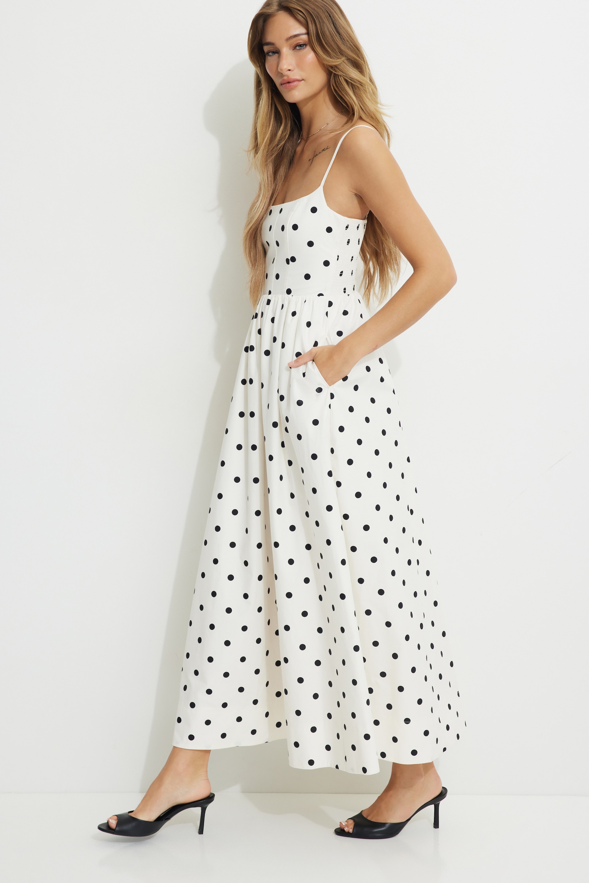 Polka Dot Bustier Poplin Maxi Dress Black | Dynamite