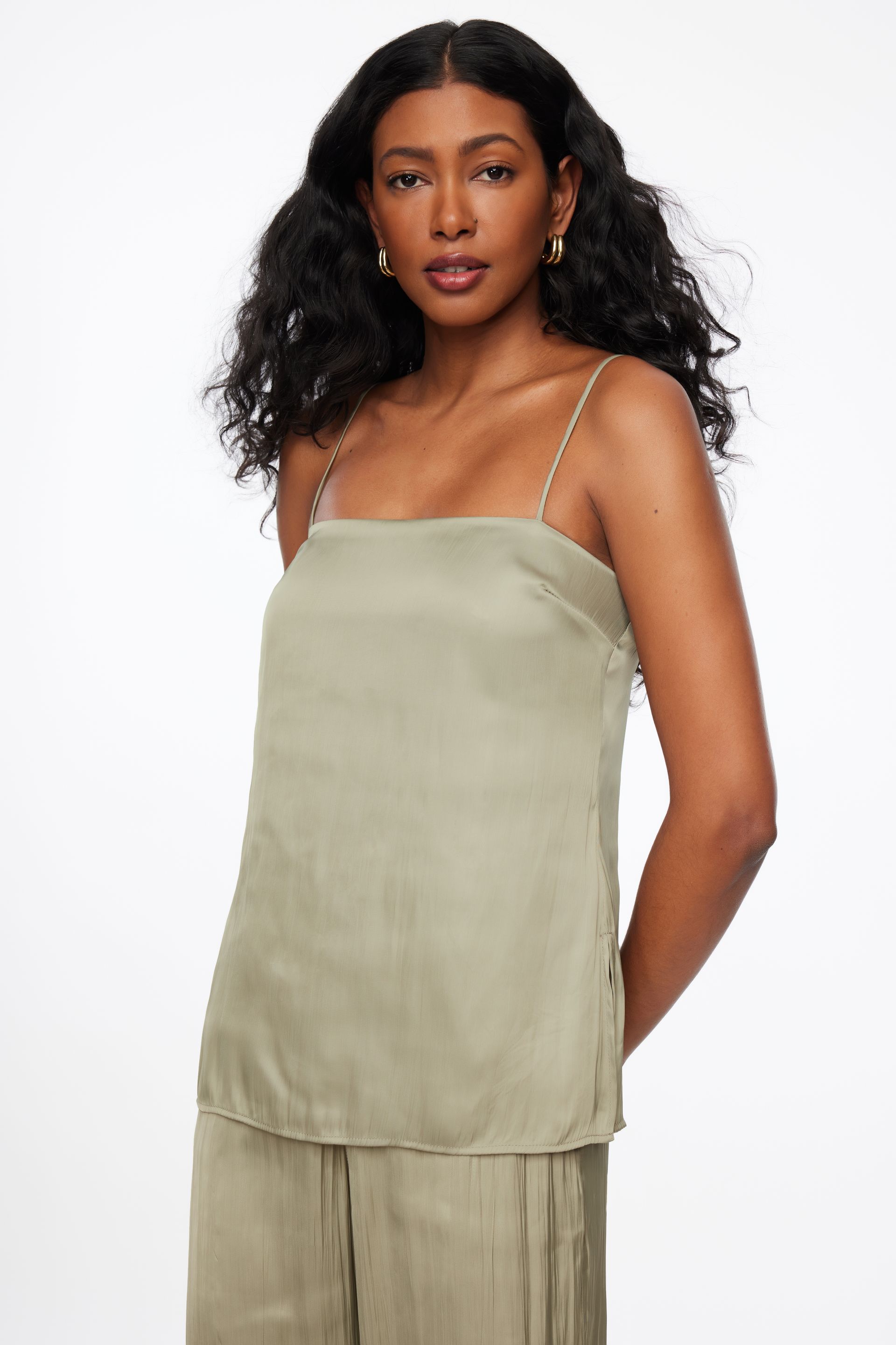 Crinkled Satin Cami Green | Dynamite