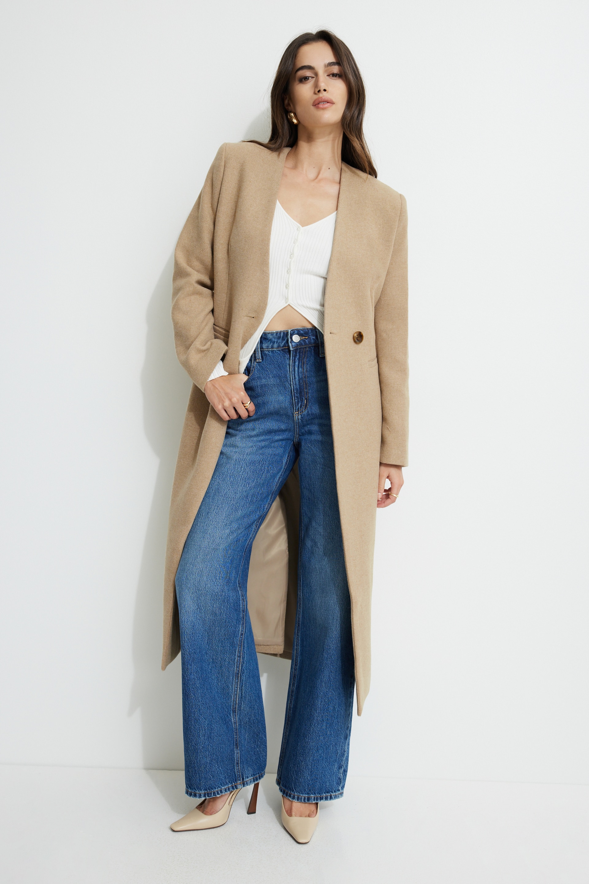 Collarless Single Button Coat Brown | Dynamite