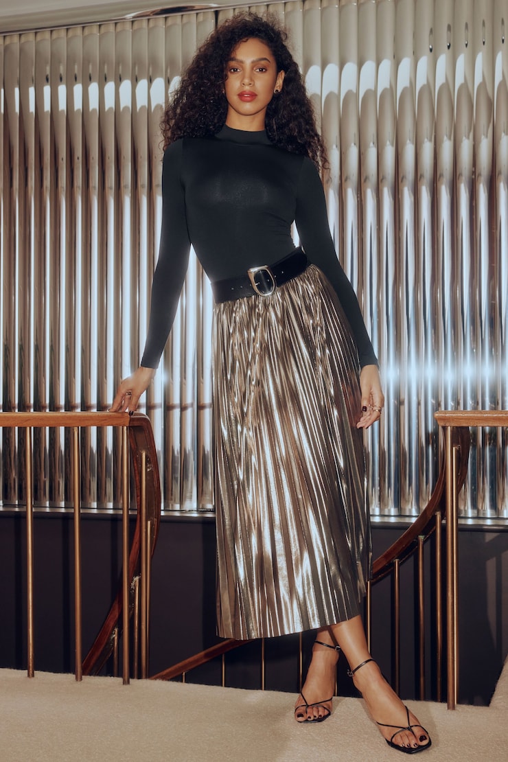 Laure Metallic Pleated Midi Skirt Gray Dynamite