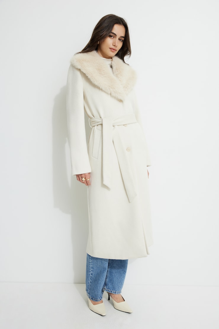 ジャケット・アウター thinkto big collar fur middle coat beige Women Winter Big Fur Collar Faux Fur Coat Lapel Long Plush Coat
