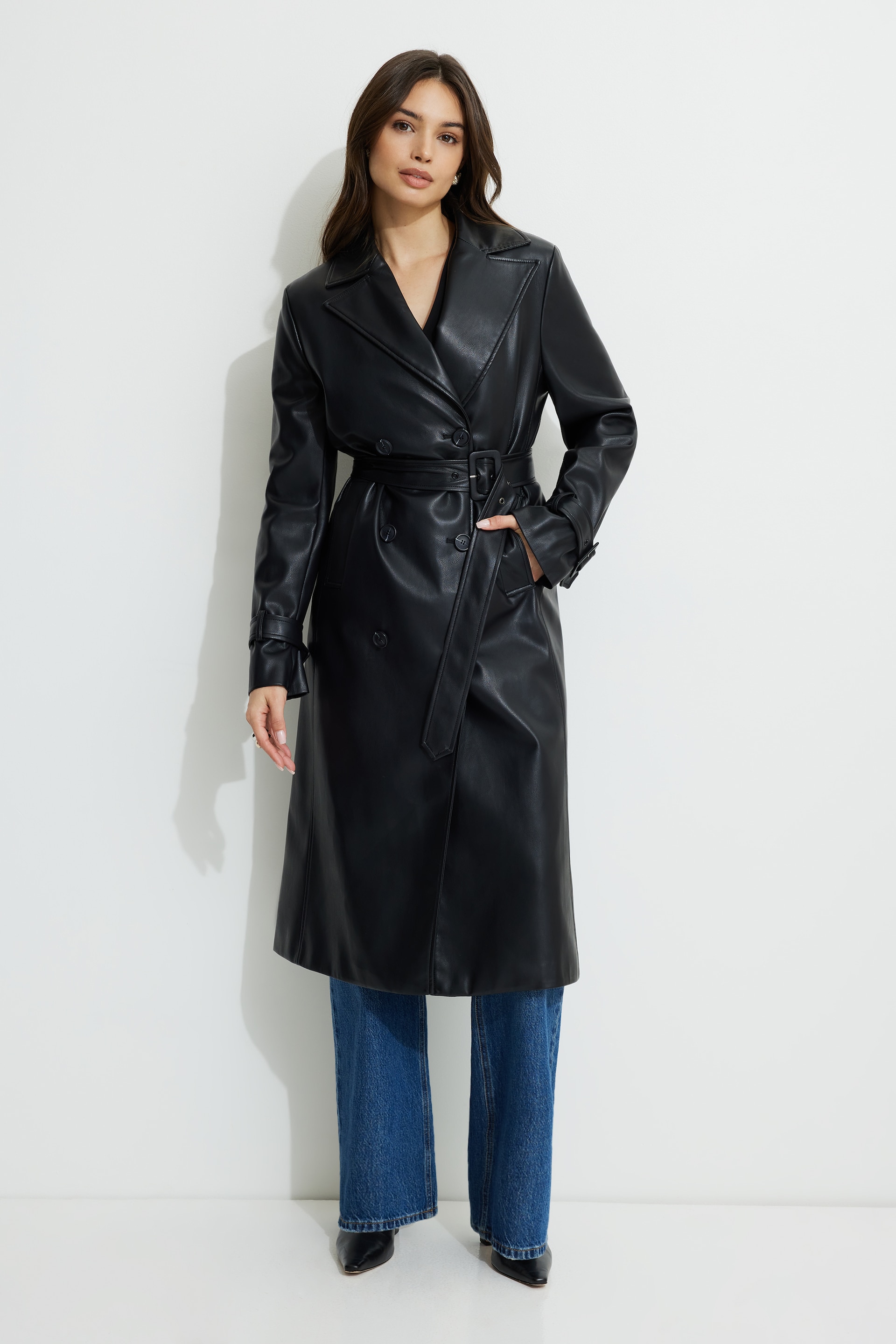 Military Faux Leather Trench Coat Black | Dynamite