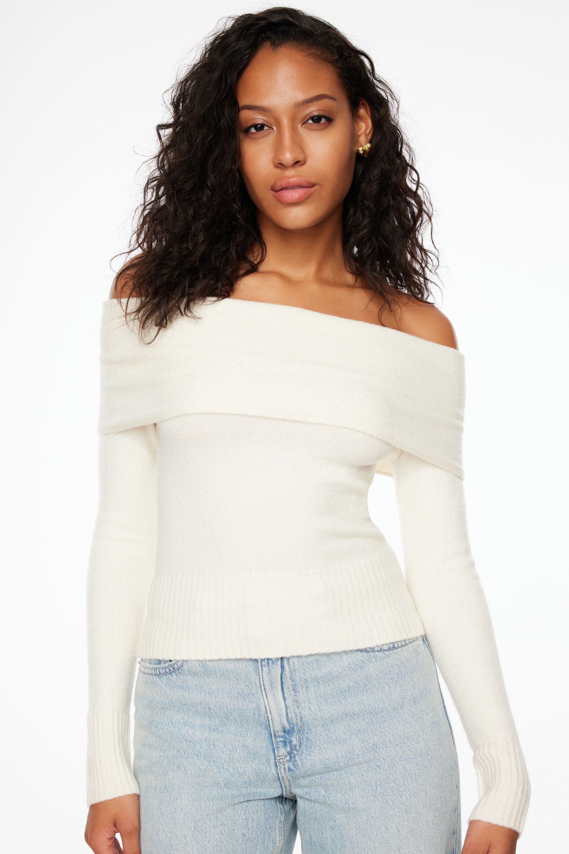 Heavenlyarn™ Off Shoulder Yarn Sweater Beige | Dynamite