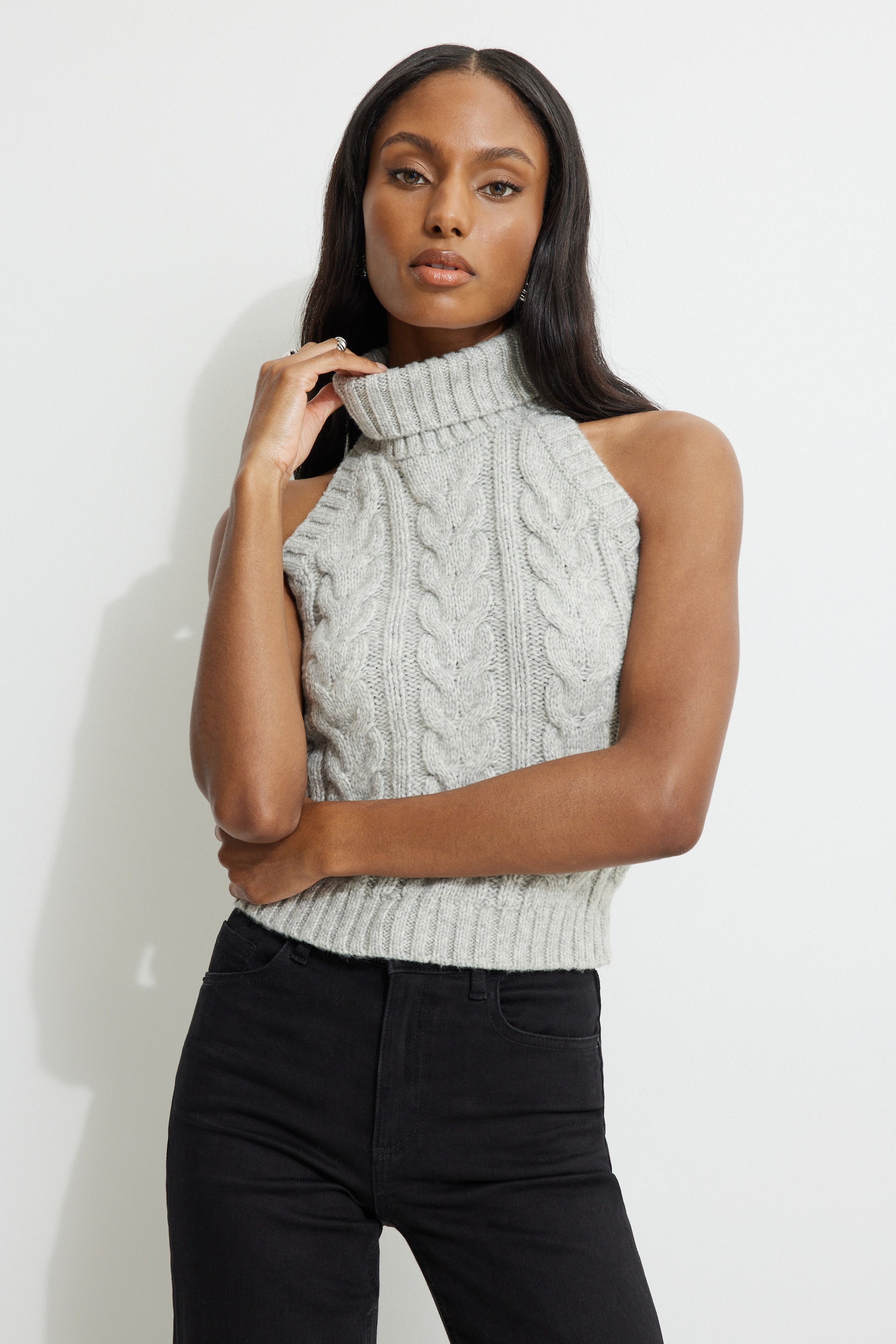 Cable Knit Halter Top Gray | Dynamite