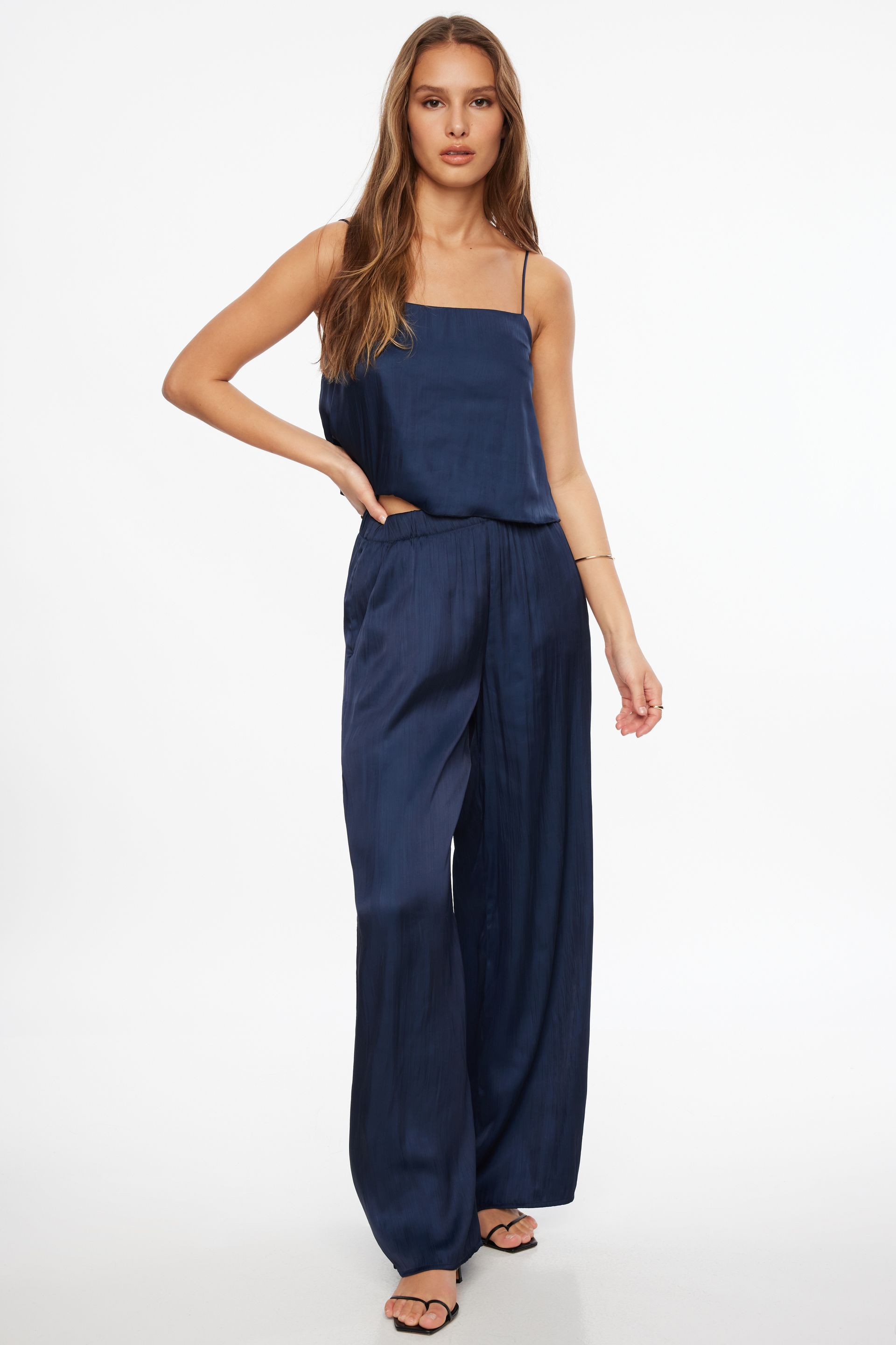 Crinkled Wide Leg Satin Pants Blue | Dynamite