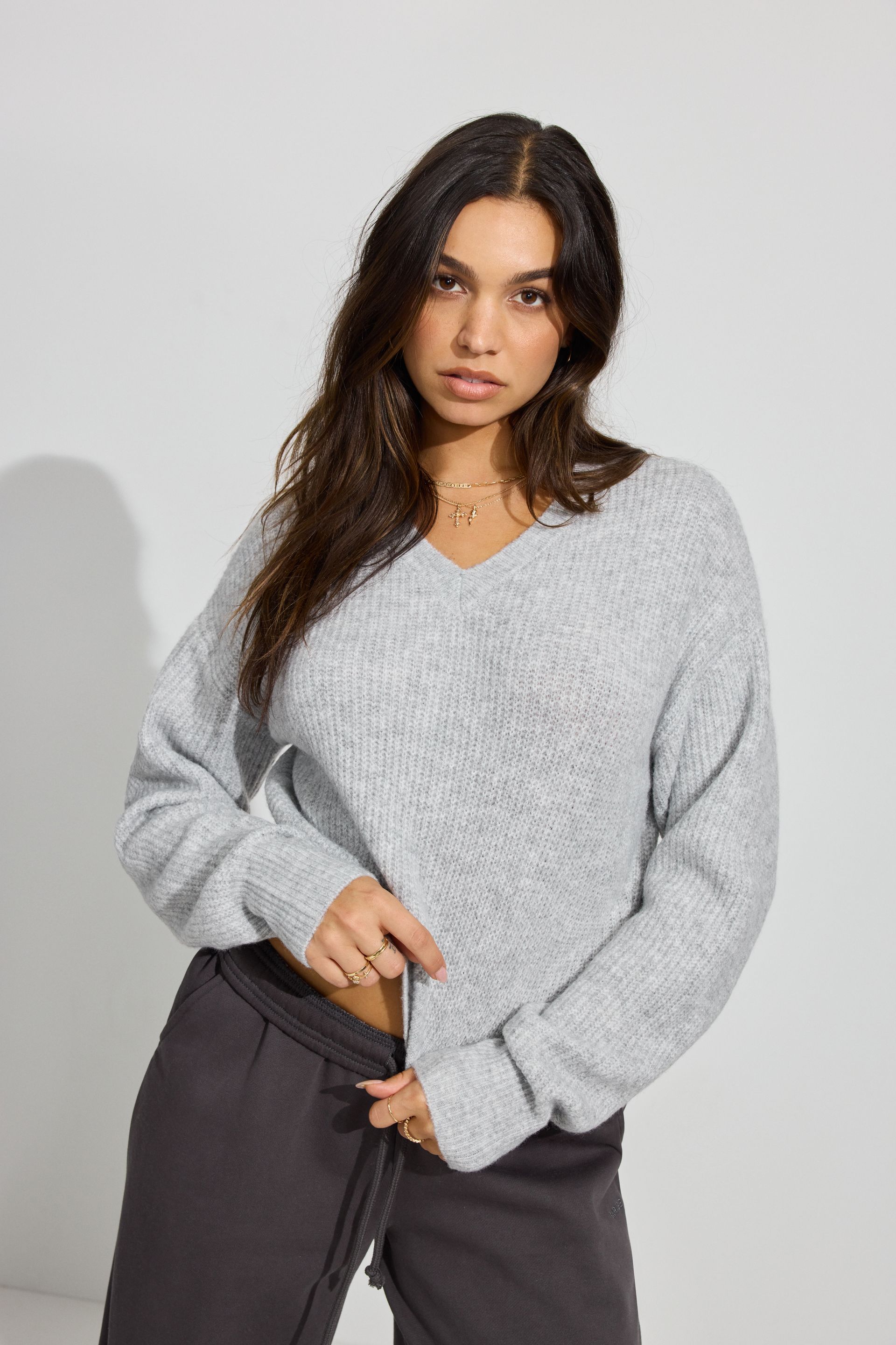 Cozy V Neck Sweater Gray | Dynamite